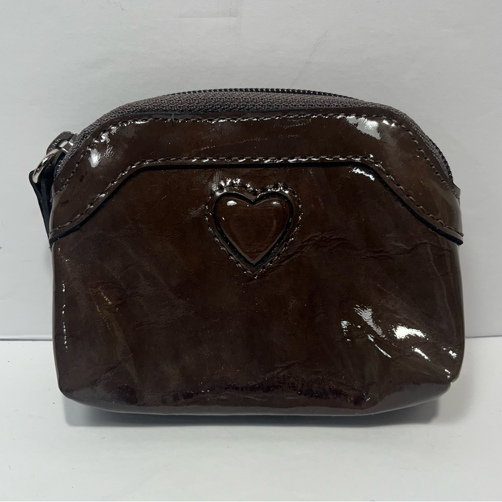 Brighton Coin Purse Wallet Patent Leather Heart Gray/Brown 4.5x3.5" Nwot